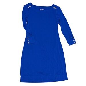 Lilly Pulitzer Shift Dress Women XS Royal Blue Excellent Gold Button Knit